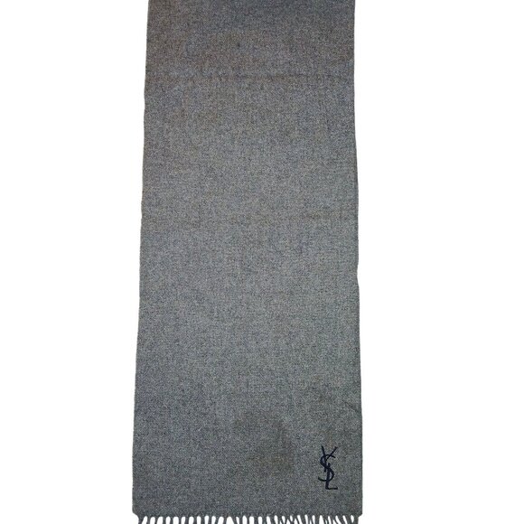 Yves Saint Laurent YSL Gray Blue Embroidered Wool Fringed Scarf Pre-Own… - Picture 2 of 8